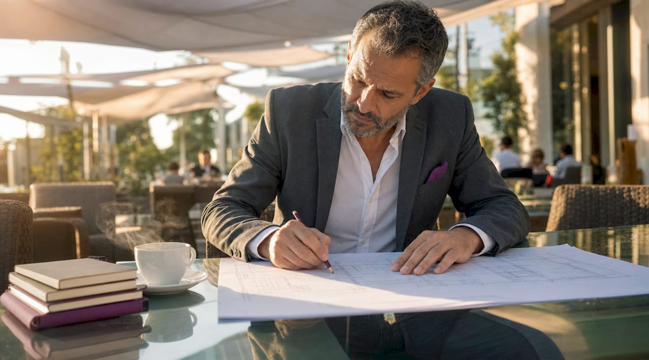 Contractor reviewing blueprints in meeting