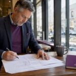 Commercial property owner reviewing blueprints at conference table