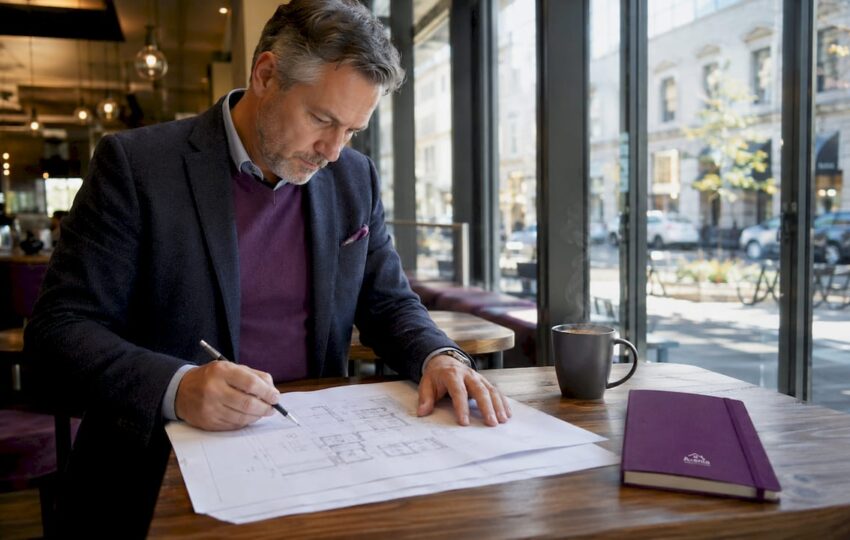 Commercial property owner reviewing blueprints at conference table
