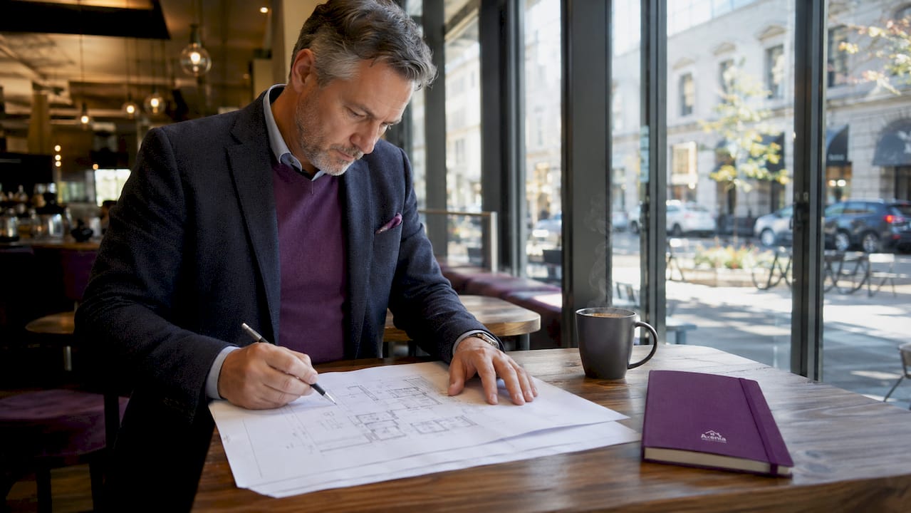 Commercial property owner reviewing blueprints at conference table
