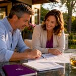 Couple reviewing home addition plans at table