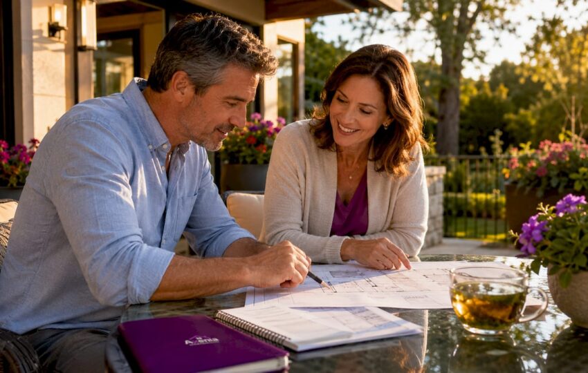 Couple reviewing home addition plans at table