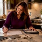 Woman planning kitchen remodel at kitchen island