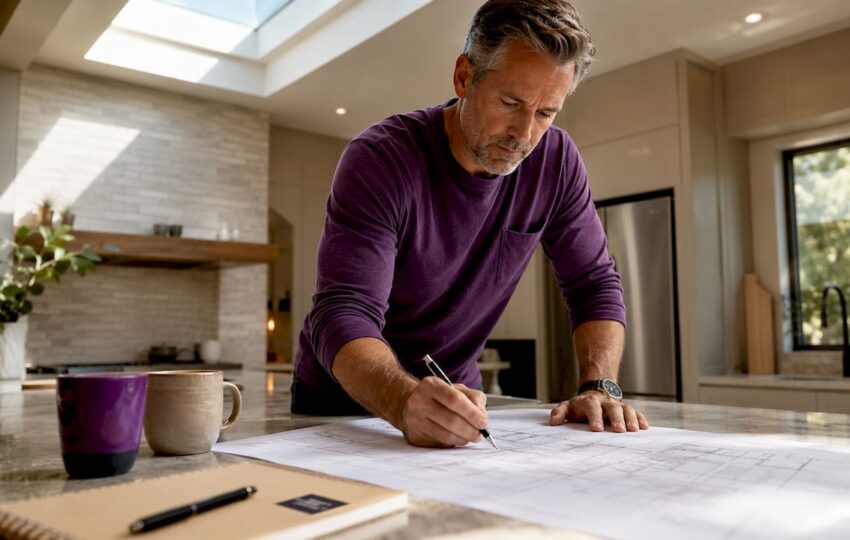 Homeowner reviewing home addition blueprints