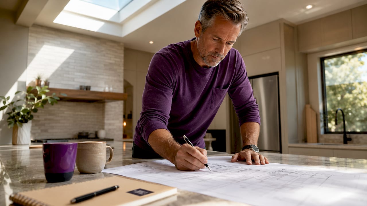 Homeowner reviewing home addition blueprints