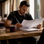 Contractor reviewing license documents in home kitchen