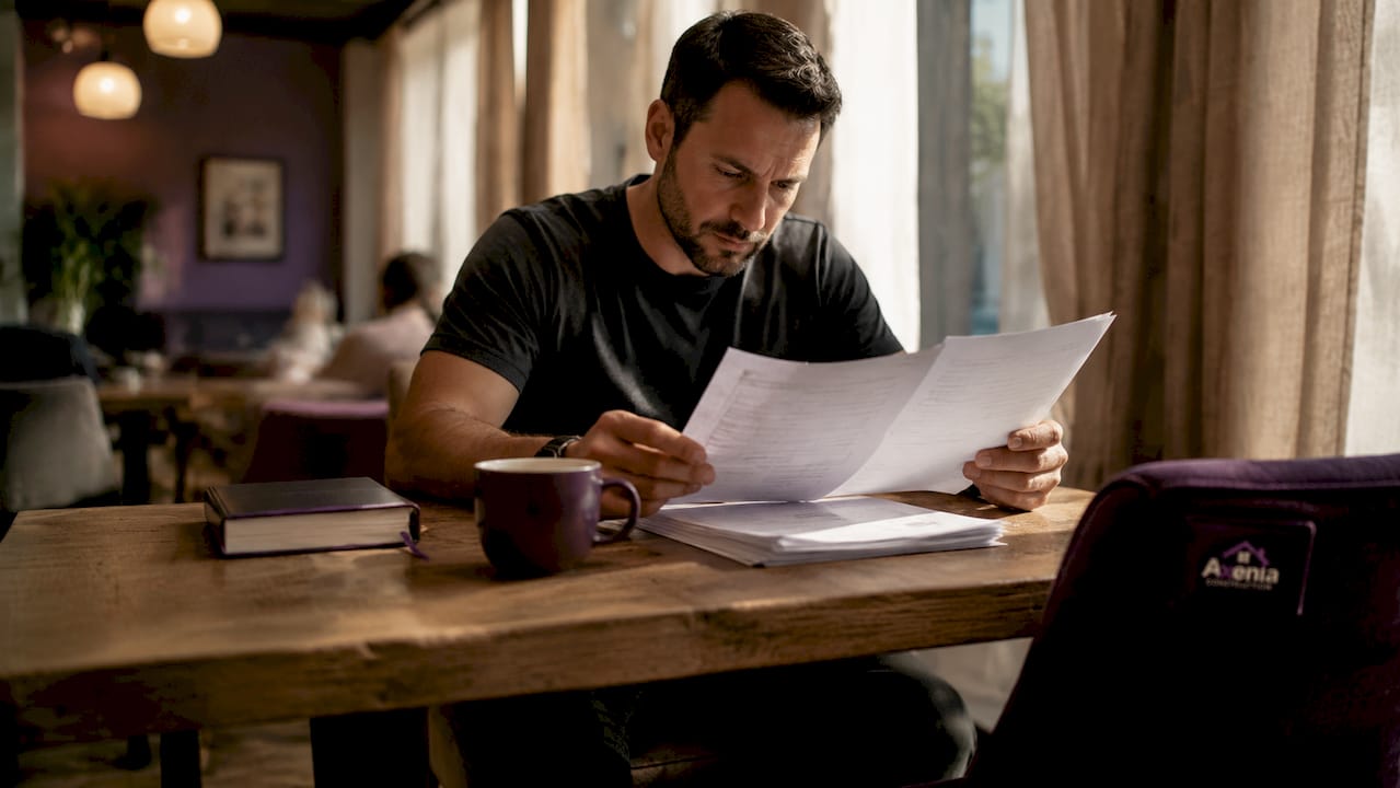 Contractor reviewing license documents in home kitchen