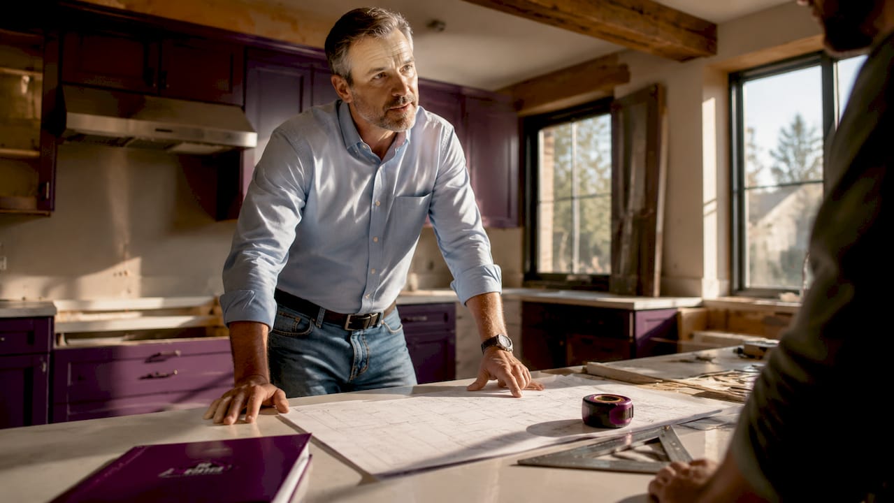 General contractor reviewing renovation plans on site