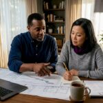 Couple planning home renovation timeline at table