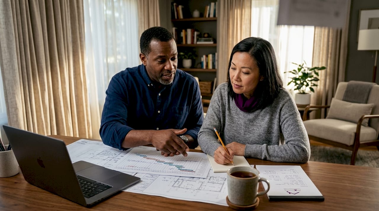 Couple planning home renovation timeline at table