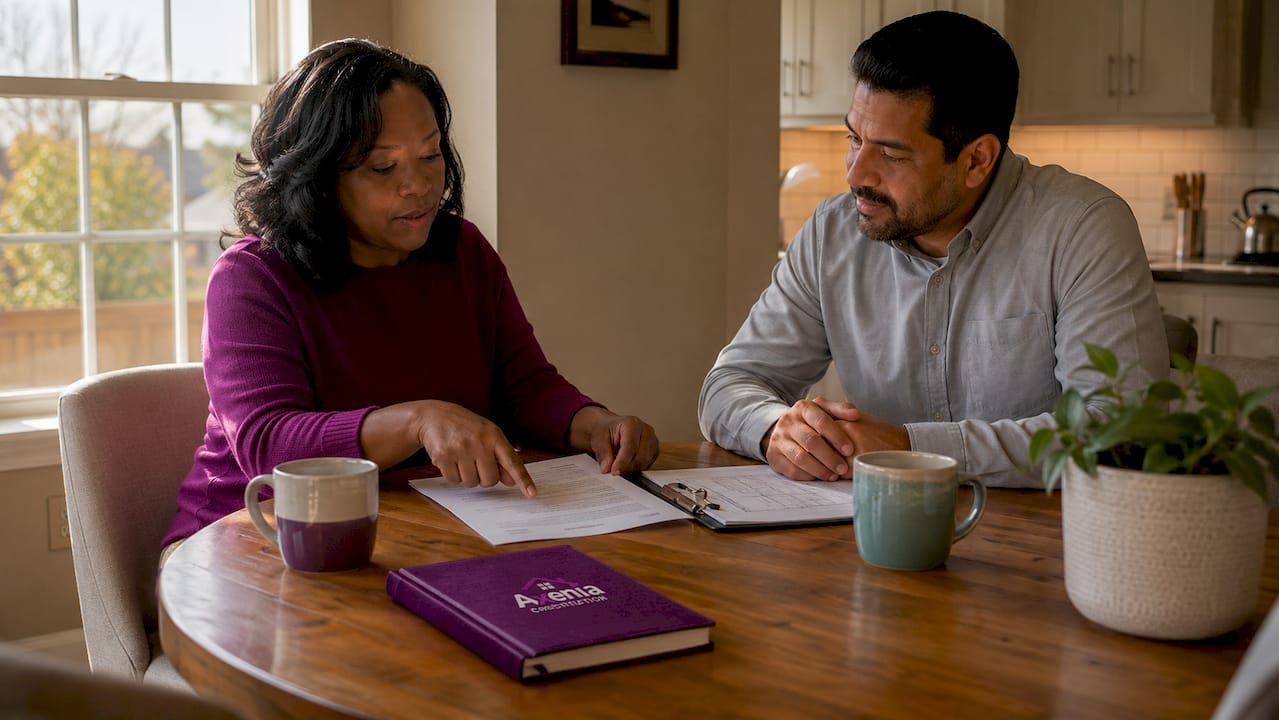 Homeowner consulting licensed contractor indoors