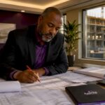 General contractor reviewing construction documents in office