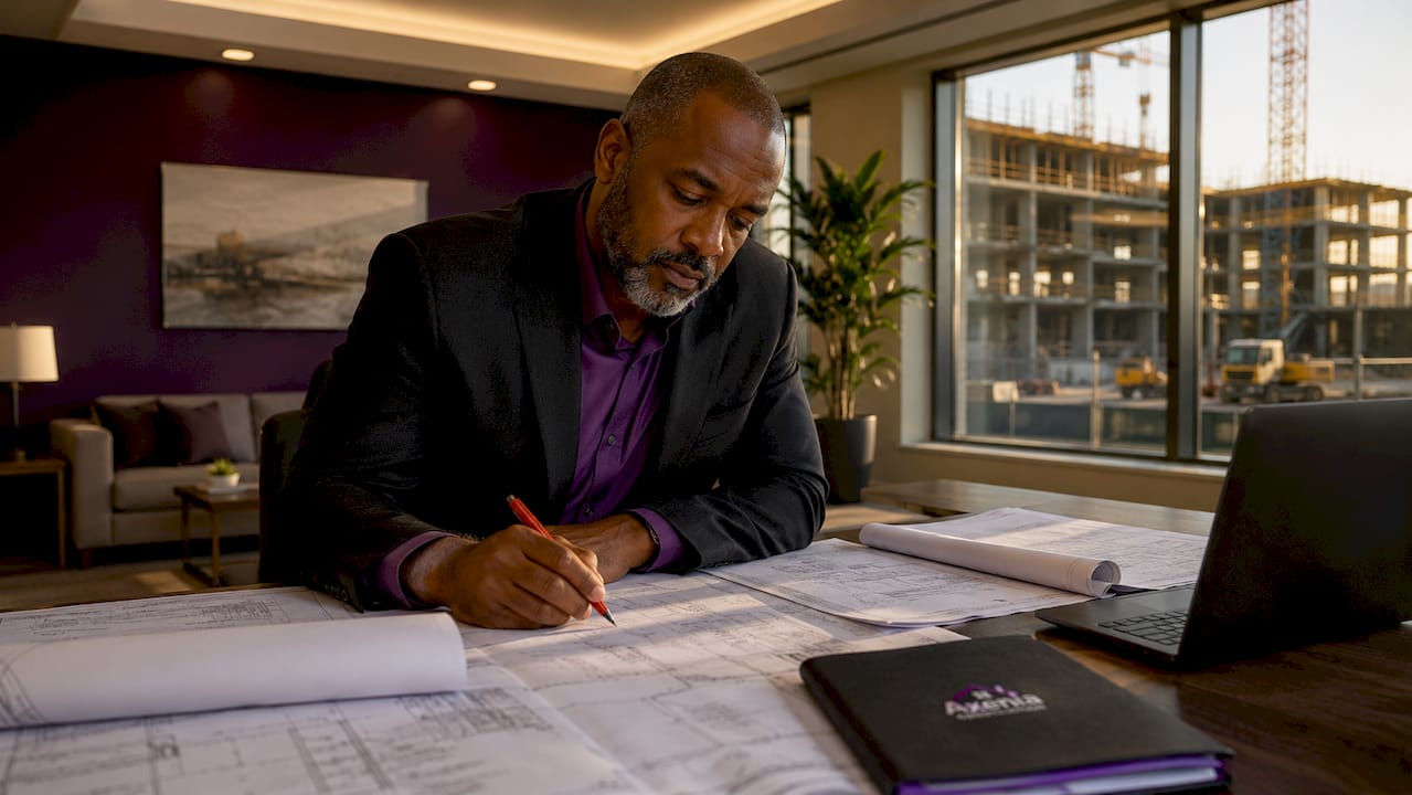General contractor reviewing construction documents in office