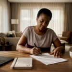 Woman reviewing renovation contract documents at table
