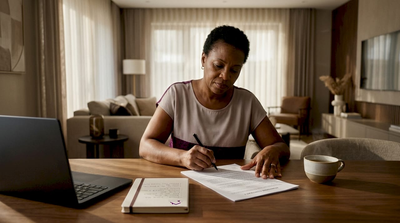 Woman reviewing renovation contract documents at table