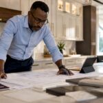 Design-build contractor studying blueprints