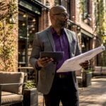Architect reviewing blueprints in historic building lobby