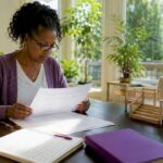 Woman reviewing deck permit paperwork at home
