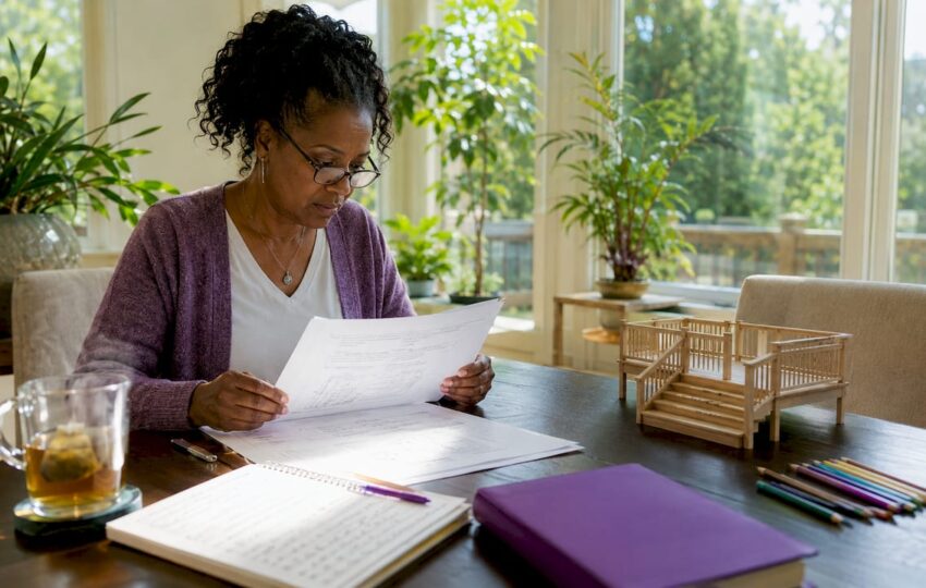 Woman reviewing deck permit paperwork at home
