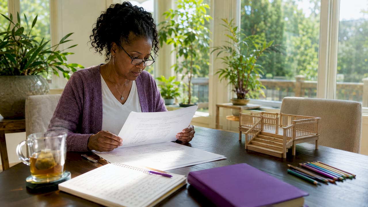 Woman reviewing deck permit paperwork at home