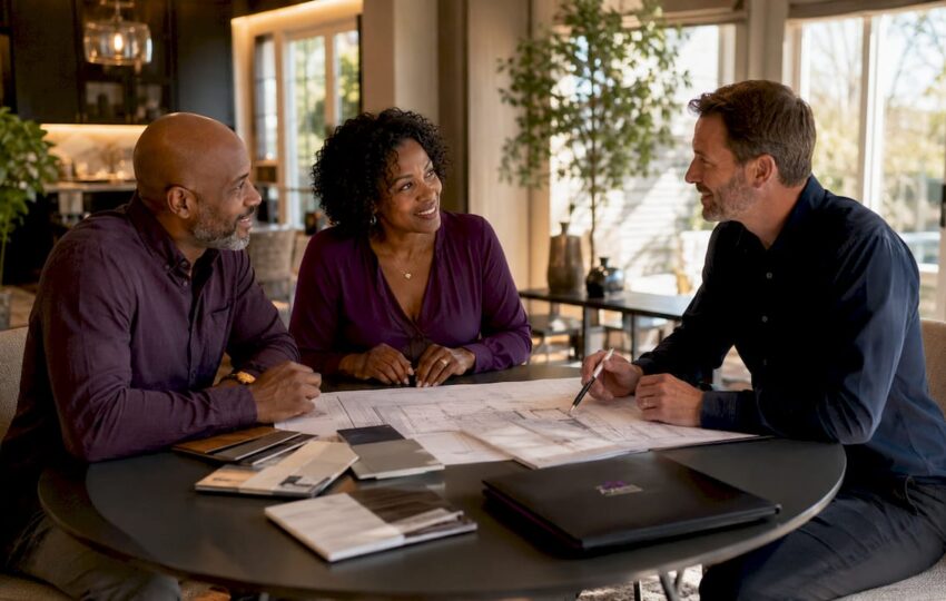 Couple consulting a sunroom contractor in home