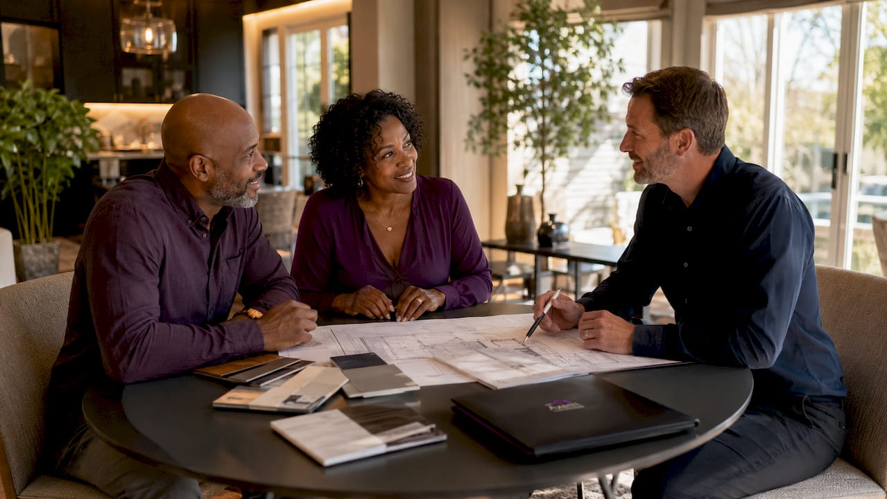 Couple consulting a sunroom contractor in home