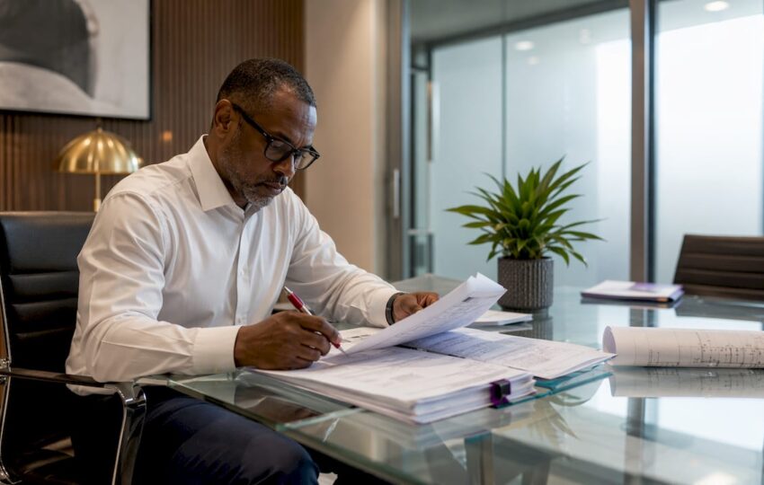 Permit expediter reviewing permit documents