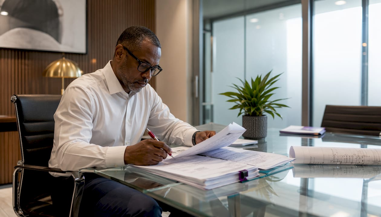 Permit expediter reviewing permit documents