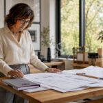 Woman contractor reviewing permits at office desk