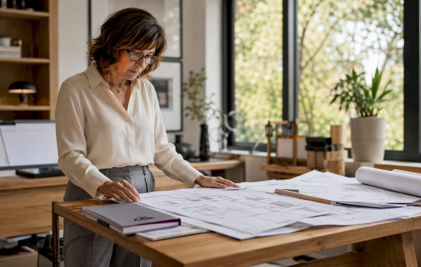 Woman contractor reviewing permits at office desk