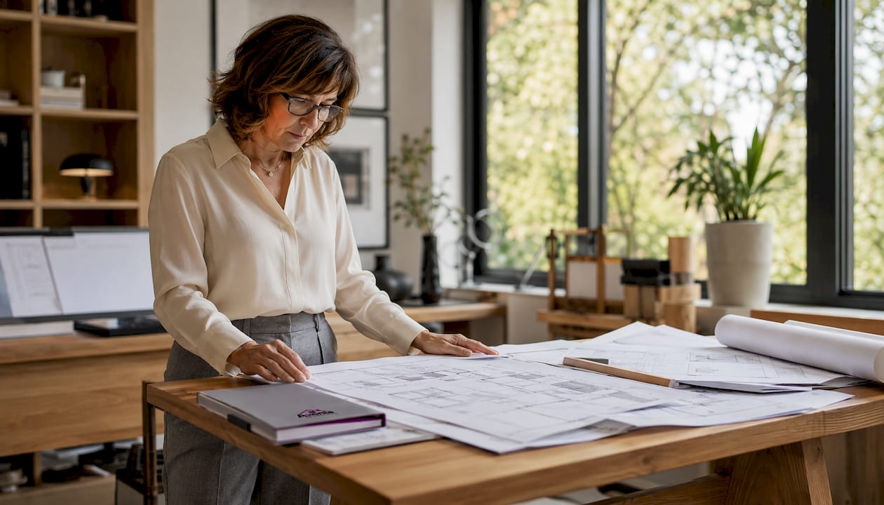 Woman contractor reviewing permits at office desk
