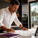 General contractor reviewing building plans in office