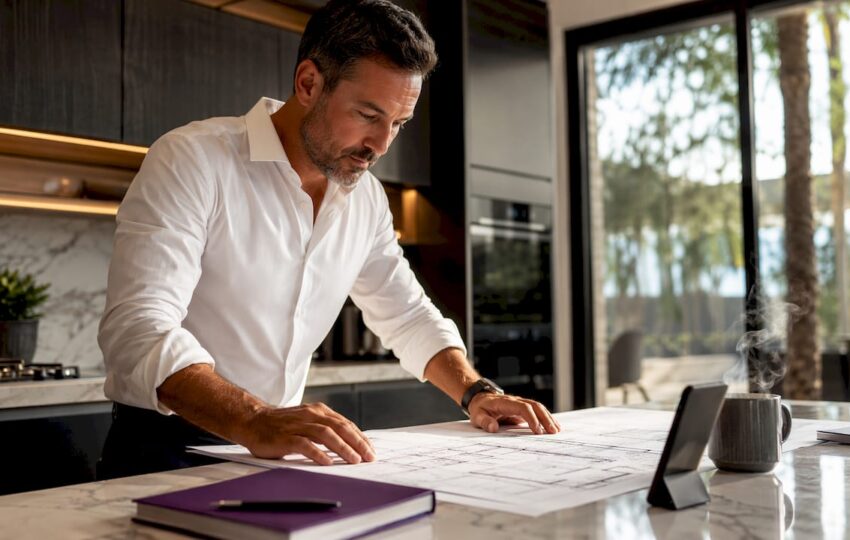 General contractor reviewing building plans in office