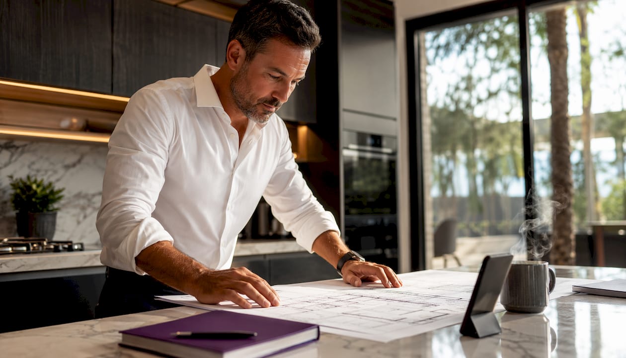 General contractor reviewing building plans in office