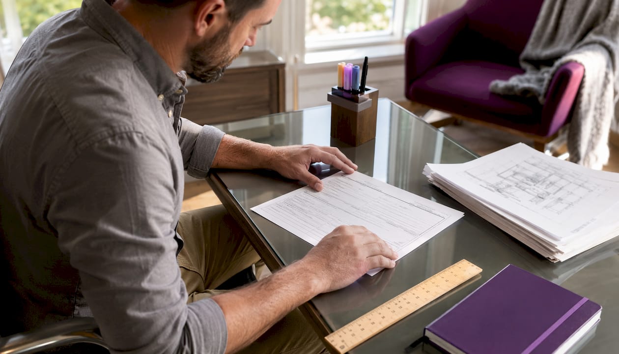 Contractor reviewing building permit documents