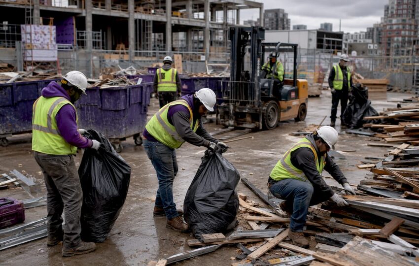 Construction workers cleaning construction site debris