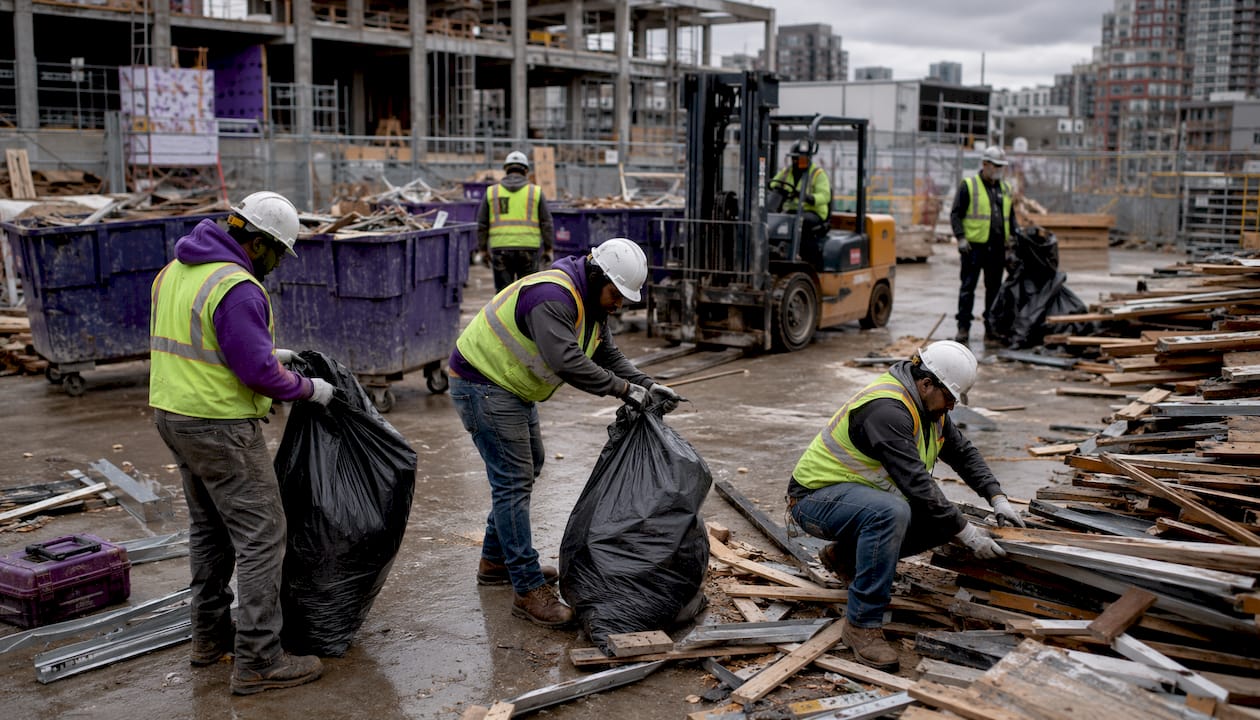 Construction workers cleaning construction site debris
