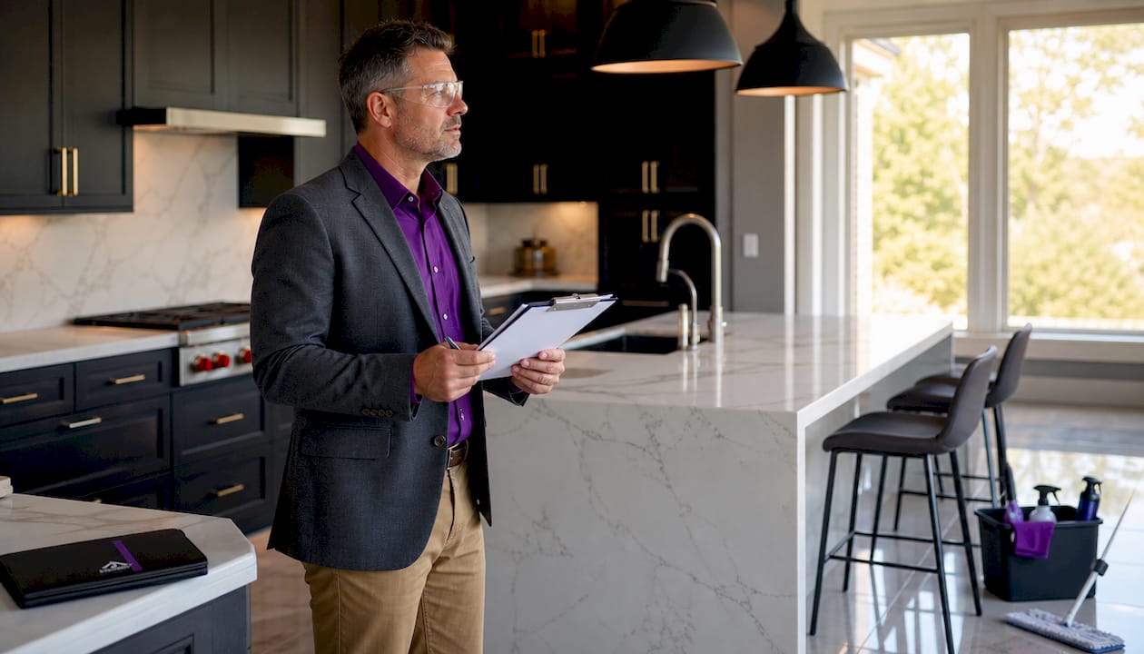 Contractor inspecting clean renovated residential space