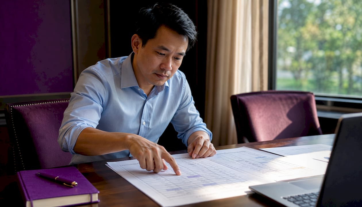 Contractor pointing at payment schedule on conference table