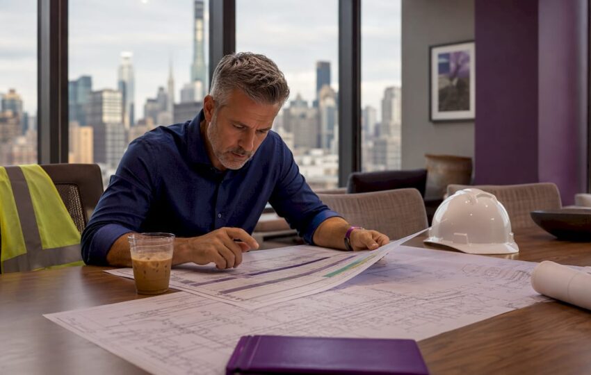 Project manager reviewing phased construction schedule