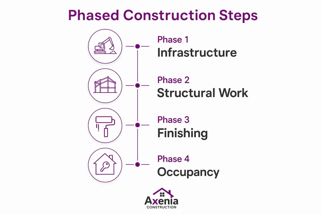 Infographic illustrating phased construction steps