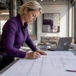 Engineer reviewing renovation blueprints