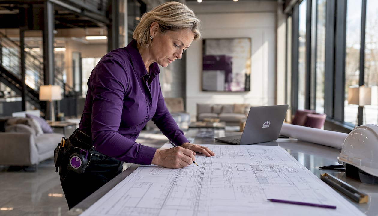 Engineer reviewing renovation blueprints