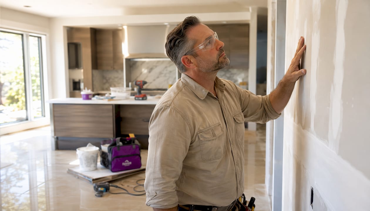 Contractor inspecting drywall in renovated home