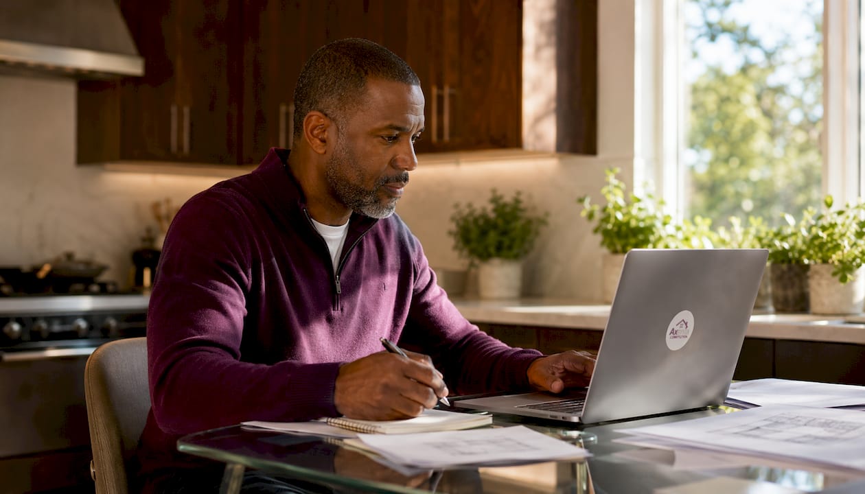 Man reviewing contractor estimate on laptop in home office