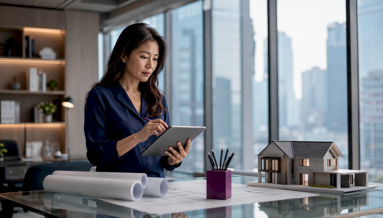 Custom home builder interacting with tablet