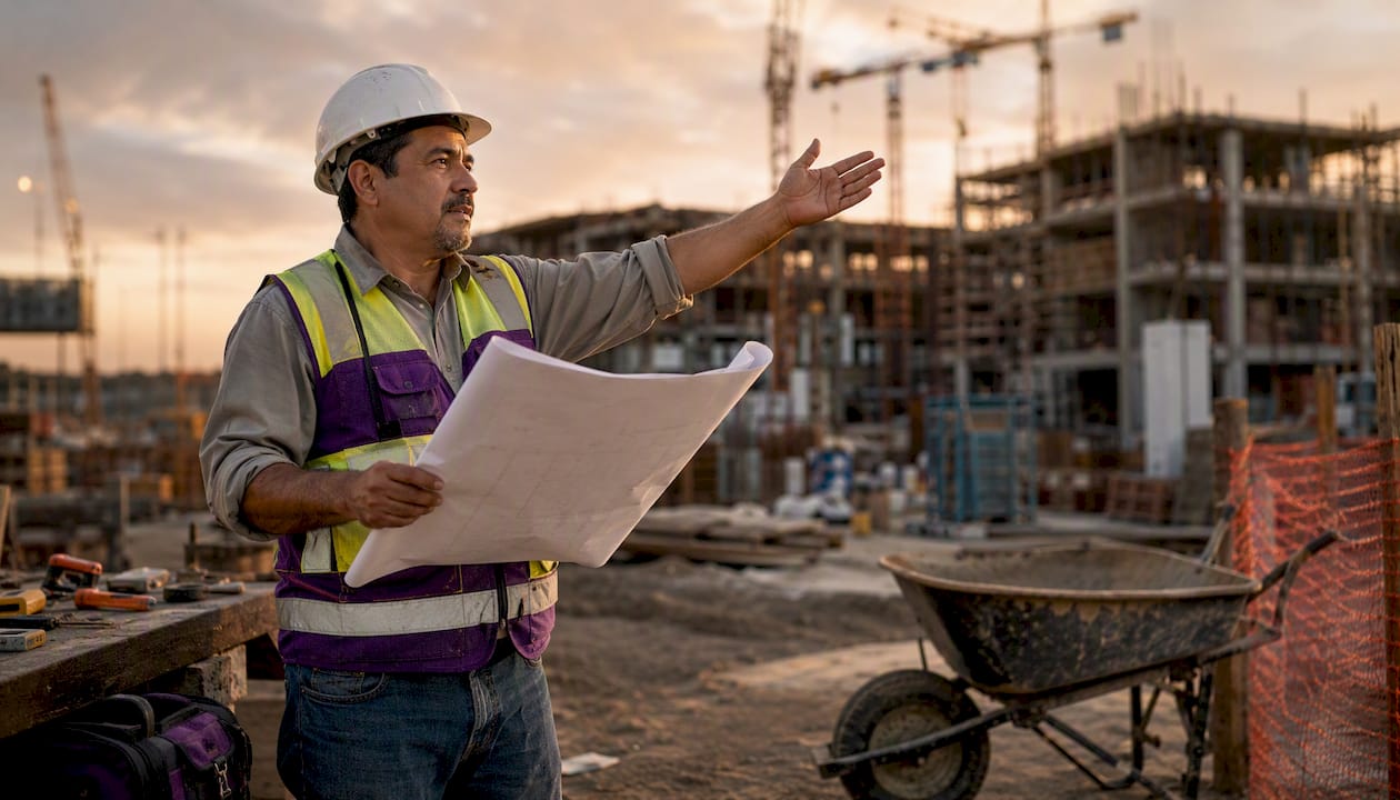 Construction supervisor reviewing blueprints on-site