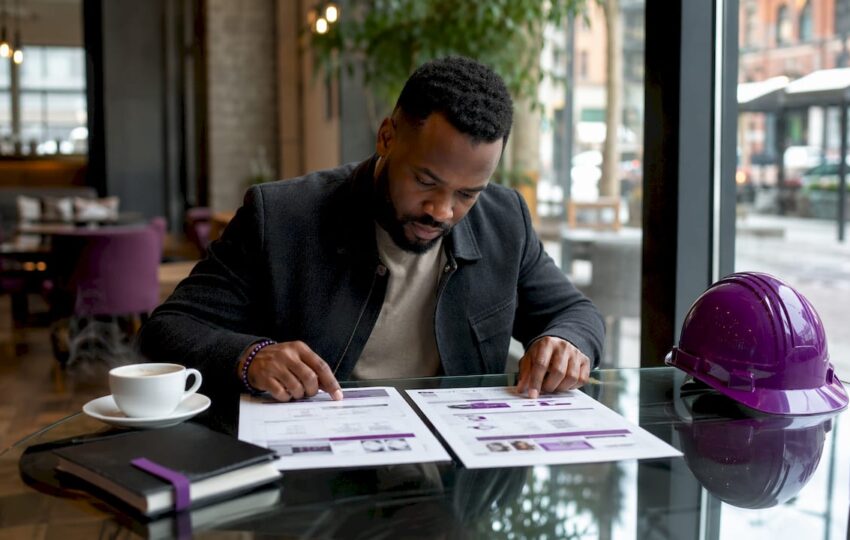 Contractor reviewing construction software brochures