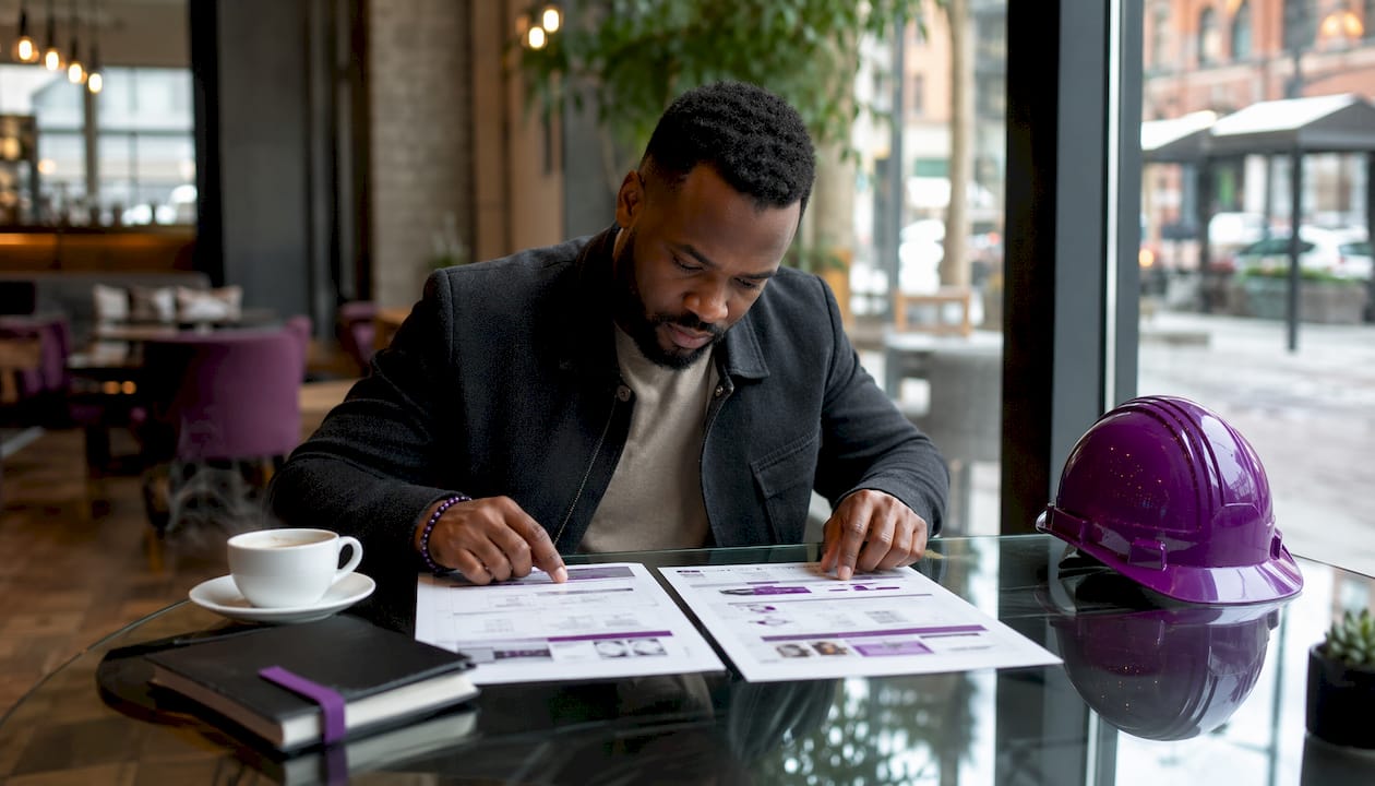 Contractor reviewing construction software brochures