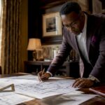 Architect reviewing home remodeling plans in office